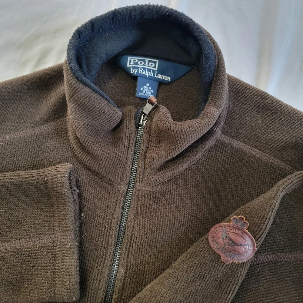 Polo Ralph Lauren Fleece Jacket Mens Medium Brown Heritage Vintage Pockets - Picture 1 of 5